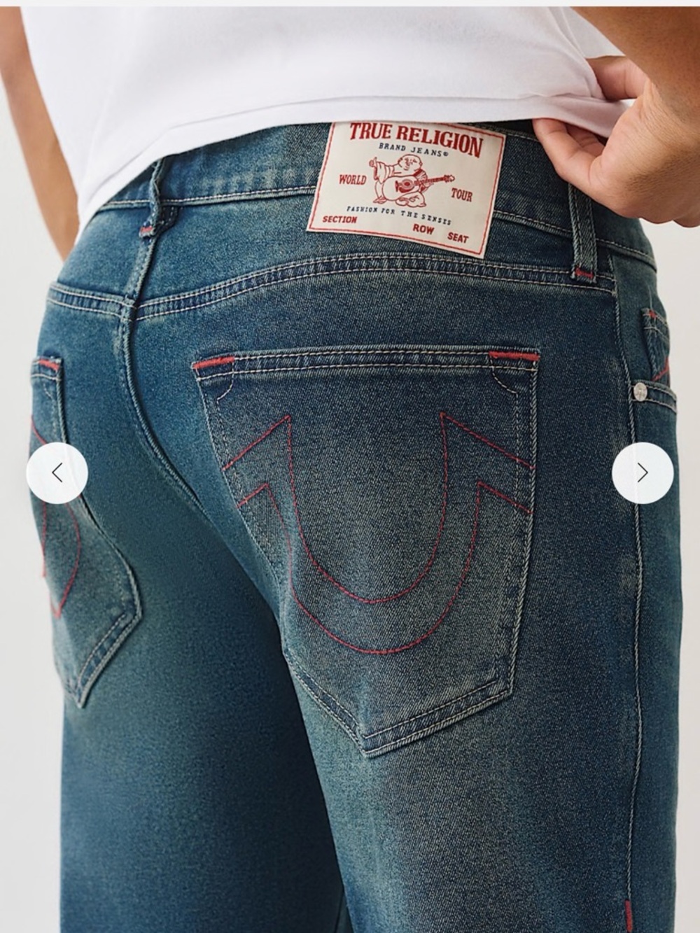 True Religion Ricky Relaxed Straight Jeans in Faded Blue with Red Stitching